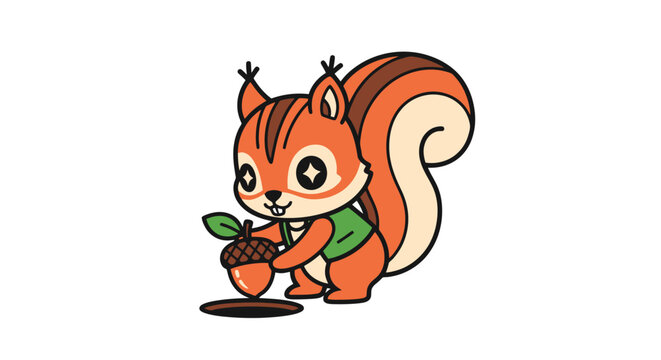 A cute cartoon squirrel with big eyes and a bushy tail is holding an acorn.