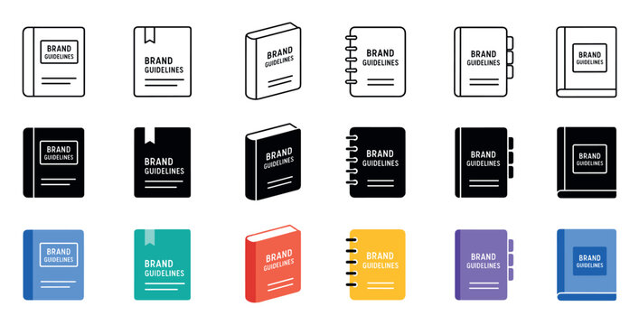 Brand guidelines book icons in different styles including outline, solid black, and colorful flat designs representing corporate identity manuals, notebooks, and company style guides