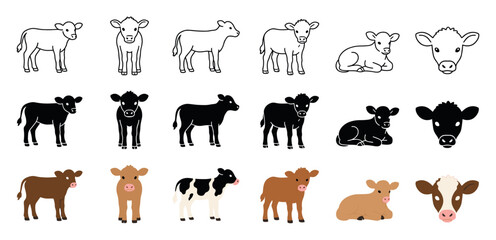 Fototapeta premium Cute baby calf vector icon set showing various poses and styles including line art, black silhouette, and flat color illustrations of little cows for farm design