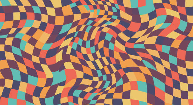 Abstract wavy checkerboard pattern with distorted squares in retro vaporwave style. Creative trippy background element. Vector illustration for wallpaper, textile and print