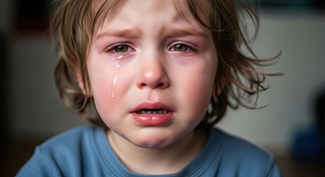 A young child crying with tears streaming down their face.