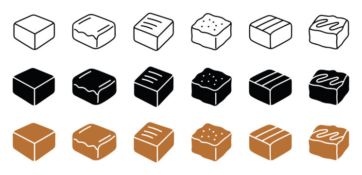 Brownie and chocolate fudge cube icons set featuring outline, solid black, and brown color styles with different toppings like drizzle, sprinkles, and frosting