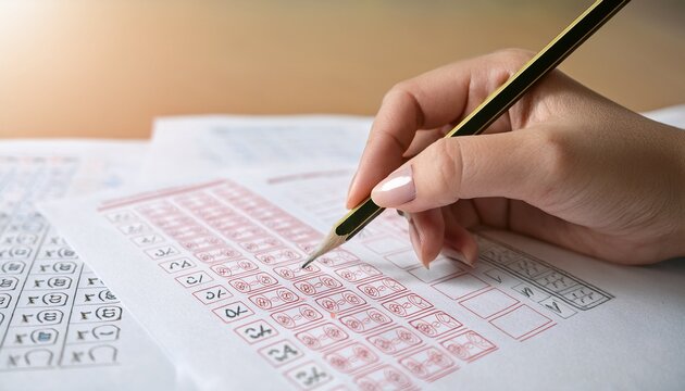 hand erasing wrong answer on multiple choice exam sheet concept of correction testing education mistake and academic evaluation