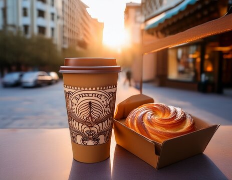 kulikov branded takeaway coffee cup and pastry box in bishkek kyrgyzstan the image shows local bakery chain packaging and urban coffee culture