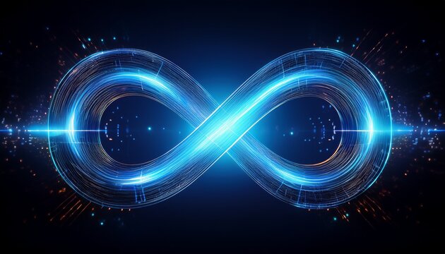 a glowing digital infinity symbol made of blue light particles on a dark background representing endless possibilities and futuristic technology