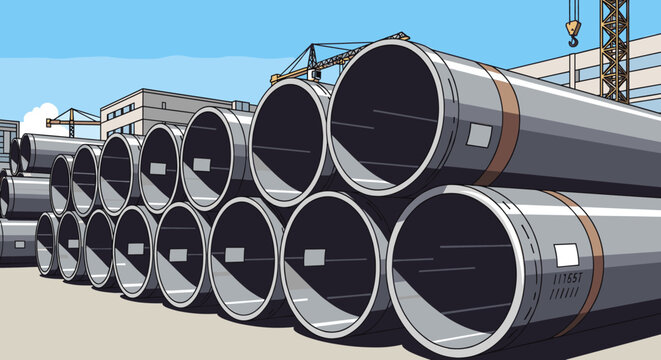 Stack of large industrial steel pipes on construction site. Metal tubing for pipeline infrastructure project. Heavy material for engineering. Vector illustration for industry