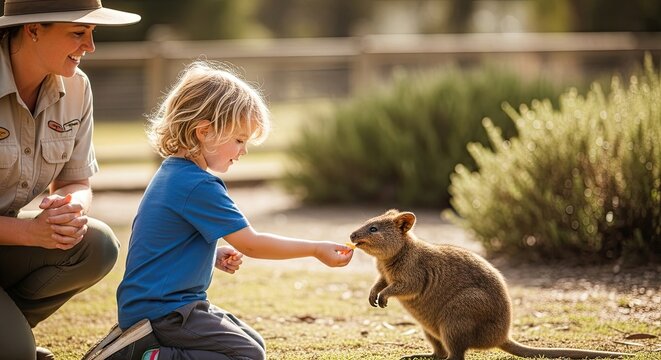 A zookeeper and a child feeding a wallaby.