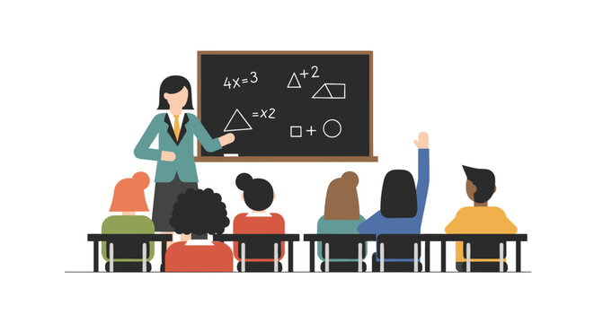 Woman teacher explaining geometry to school child in classroom at school board with math drawing. Education and learning concept. Flat style vector illustration for banner