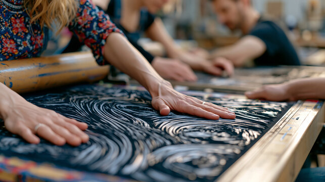 Two printmakers in a shared studio pulling a large linocut print from an inked block, registration marks visible, collaborative art production, printmaking edition, creative workspace, artists at wo