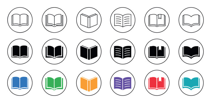 Open book icon set in circle frames featuring line art, solid black, and colorful designs for education, reading, and library concepts