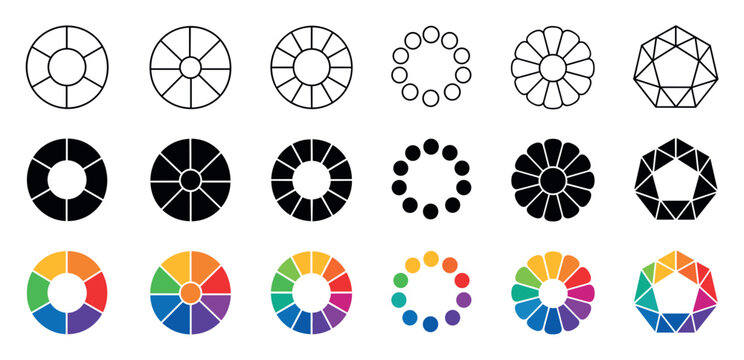 Color wheel and geometric circle diagram icons in three different styles including outline, solid black, and colorful rainbow palettes for graphic design and infographics
