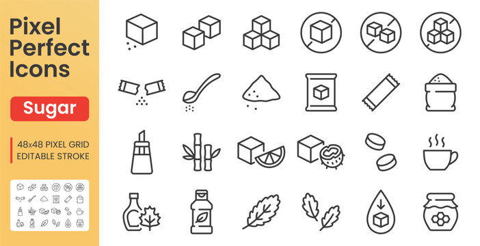 Sugar line icon set. Sweeteners - cane, powder stick, xylitol, stevia, maple syrup, sweet food package linear minimal vector illustration. Simple outline signs. 48x48 Pixel Perfect. Editable Stroke