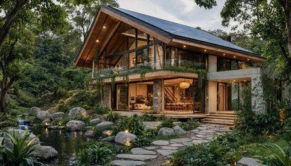 Fototapeta premium Modern sustainable eco-friendly wooden house with solar panels and lush garden pond sustainable architecture residence exterior environment building renewable relaxing residential