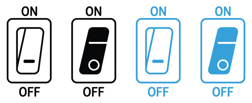 Light Switch On Off Icon Set With Minimal Line Art Style Representing Electrical Power, Lighting Control, Smart Automation And Energy Saving Concepts.