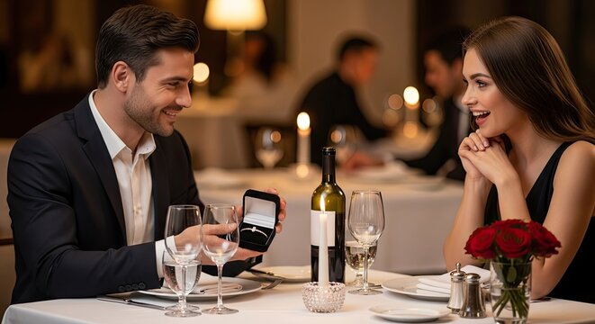 A man proposing to a woman at a fancy restaurant.