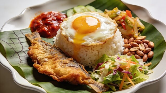 Classic nasi lemak meal with rice, fried fish, egg, and condiments on banana leaf
