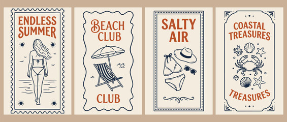Endless summer vintage label set featuring beach club salty air and coastal treasures themed illustrations suitable for travel branding packaging tourism products and holiday promotions © jonty