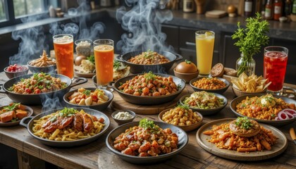Obraz premium A vibrant spread of Mediterranean dishes with fresh ingredients in a rustic kitchen setting, AI generated