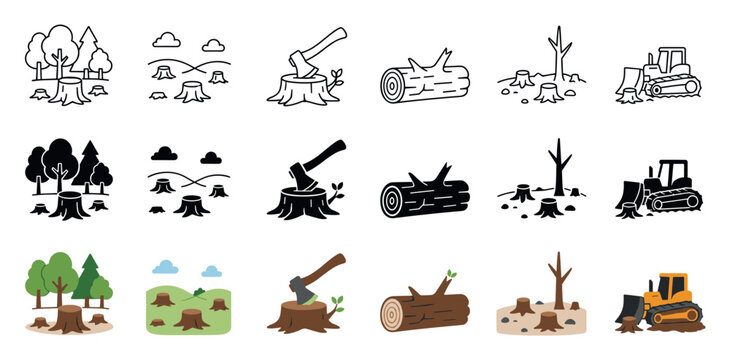 Deforestation and logging vector icon set showing tree stumps, axes, logs, and bulldozers in outline, silhouette, and flat color styles
