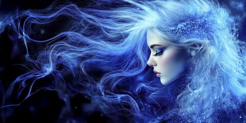 Fototapeta premium An artistic side portrait shows a woman with closed eyes and intensely blue, textured hair moving vividly through the room, the scene appears magical and dreamy, AI generated