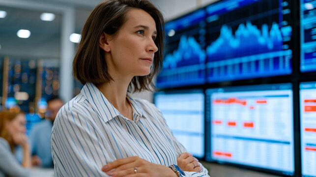 Compliance officer reviewing anti-bribery audit trail on wall-mounted dashboard in sterile corporate office, flagged vendor transactions highlighted across multiple screens, serious focus evident as