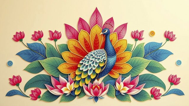 A colorful peacock against a floral background in bright colors. Elegant mandala-like style, Pichwai pattern, illustration, AI generated