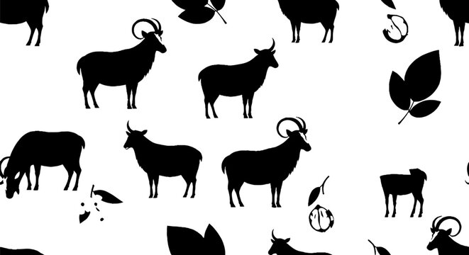 Black and white silhouettes of goats and leaves pattern.