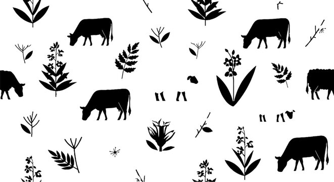 Black and white cow and plant pattern design.