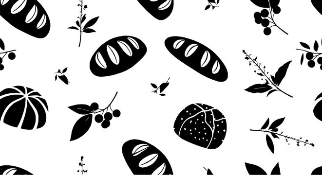 Black and white illustration of bread and fruits.