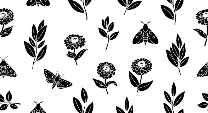 Black and white floral and moth pattern design.