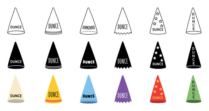 Dunce cap icon set in three styles featuring outline, solid silhouette, and colorful flat designs with different variations of the classic school punishment hat