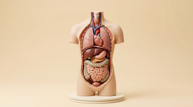 Human anatomical torso model showing internal organs and structure