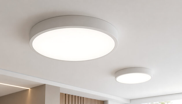 Modern round LED ceiling lights in minimalist interior, white circular flush mount lamps for home lighting, contemporary bright indoor illumination isolated on White Background ai