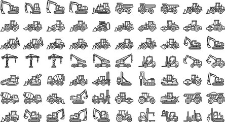 Heavy construction machinery vector icon set featuring line art style excavators dump trucks bulldozers cranes and industrial vehicles © MD