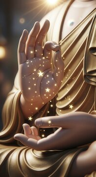 Golden Buddha hands in meditative gesture with sparkling stars, AI generated