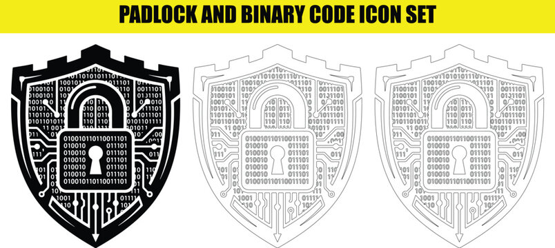 Cyber security shield with padlock and binary code circuit board pattern design elements.