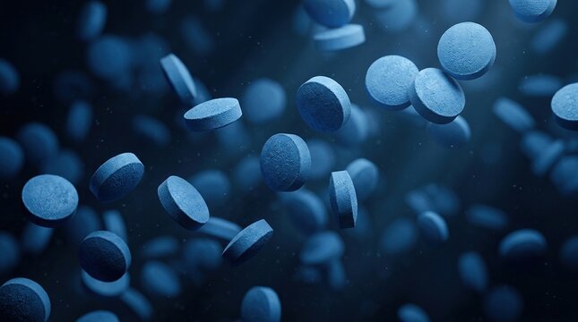 Abstract composition of blue round pills floating in dark space with soft lighting and bokeh effect representing pharmaceutical science and medical supplements art.