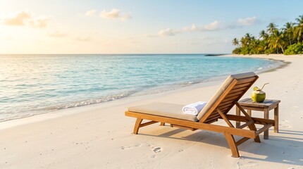 Fototapeta premium Wooden deck chair on a tropical white sand beach at sunset