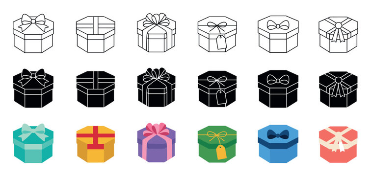 Hexagonal gift box icons in three styles including outline, silhouette, and colorful flat designs with various ribbons and bows for holiday and celebration graphic design
