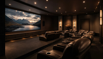 Naklejka premium Sophisticated private cinema with leather recliners and cinematic landscape projection high end interior design home cinema recliners interior entertainment landscape projection