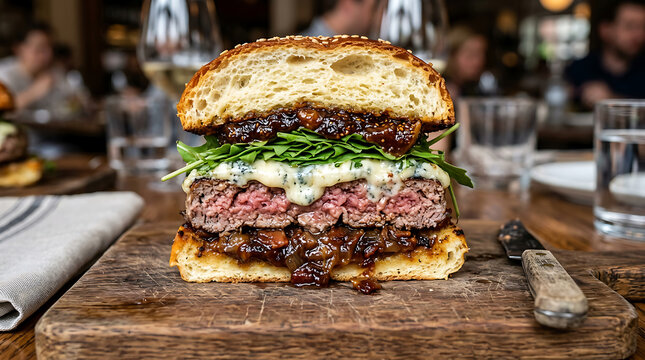Gourmet burger with fig jam, blue cheese, and arugula on a wooden cutting board.