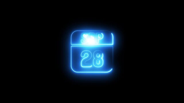 Glowing neon calendar date september 28th sign 4k animation video on black background 