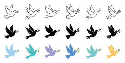 Fototapeta premium Flying peace dove icons with olive branch in three different styles including outline, solid black silhouette, and colorful flat design for hope and freedom concepts