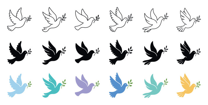 Flying peace dove icons with olive branch in three different styles including outline, solid black silhouette, and colorful flat design for hope and freedom concepts