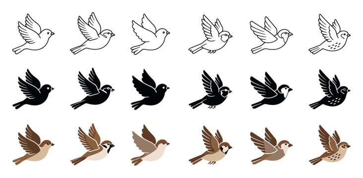 Flying bird icons in different graphic styles featuring sparrows and small birds in outline, solid black silhouette, and colored flat vector designs