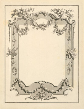Vintage baroque border frame on old paper texture background. Antique musical engraving template with harp, sheet music, flower garland and blank copy space for classic book frontispiece layout.