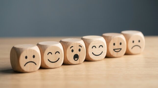 A row of wooden blocks showing different facial expressions for brand reputation and trust analysis.