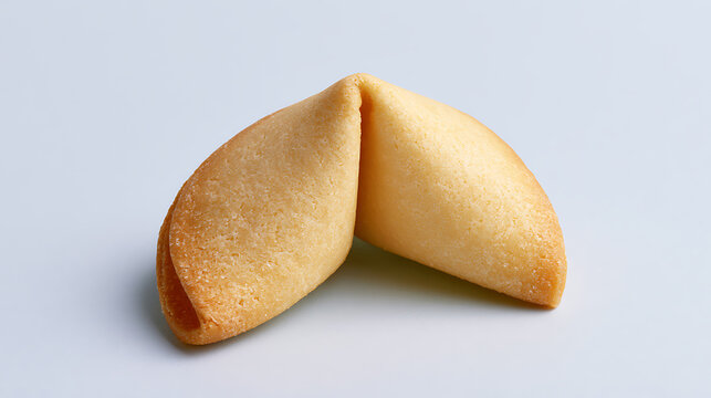 Single golden dessert cookie with a hidden message, often associated with good fortune and predictions on a clean studio background