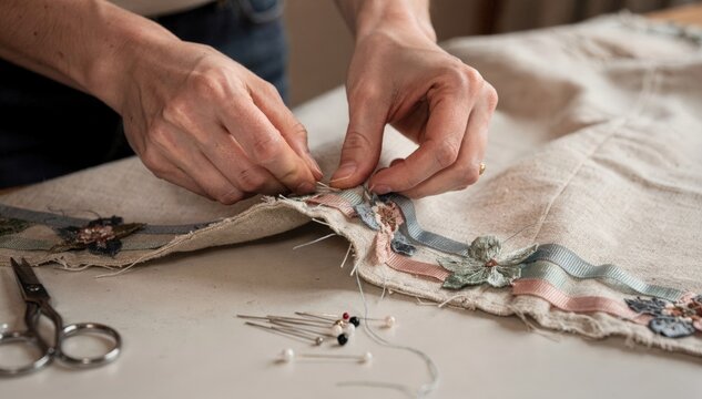 Medium shot focusing on hands attaching decorative ribbons and appliques along a hem border showcasing creative garment enhancement and craftsmanship.