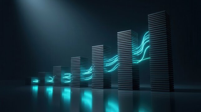 Data analytics and connectivity visualized through a rising bar chart with glowing streams.